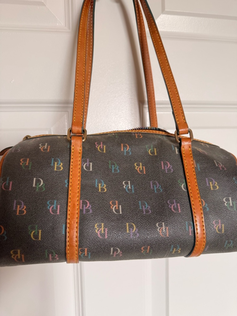 Dooney & Bourke Brown Multicolor DB Logo Shoulder Bag with Tan Trim - Picture 9 of 9